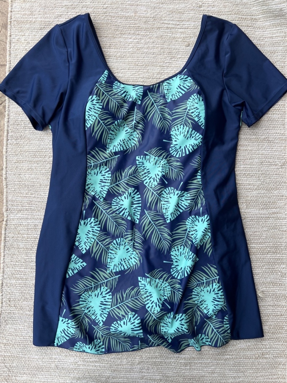 ECUPPER One Piece Short Sleeve Swim Dress Navy Green Tropical Leaf size 2XL